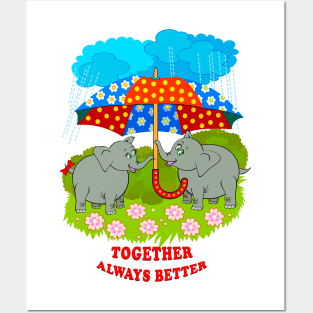 Two cute elephants holding umbrella Posters and Art